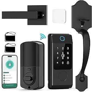 WiFi Front Door Lock Set - Keyless Entry Smart Lock Handle Set With Fingerprint, Alexa, Remote Access, Bluetooth App