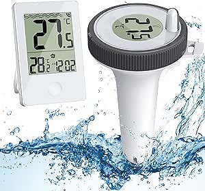 Wireless Pool Thermometer Floating Easy Read, Digital Pool Thermometer with IPX8 Waterproof, Pool Thermometer with Outdoor/Indoor Temperature Monitor for Swimming Pools,Hot Tubs,Small Ponds, Aquariums