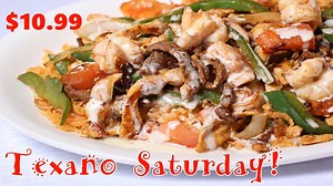 Steak, shrimp & chicken with mixed veggies atop a bed of mexican rice and smothered with our famous cheese dip. So delicious for a Saturday! #dailyspecial | El Colonial Mexican Restaurant