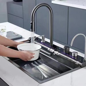 [Hot Item] Stainless Steel Waterfall Kitchen Sink Digital Display Embossed Large Single-Slot Multifunctional Washbasin Utensils for Kitchen