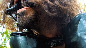 Trying to Remove Shock Collar in Hoof Gloves WHILE Tightly Gagged with Long Rubber Bit Port Attached to a Bit Gag