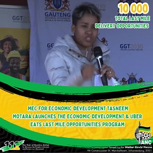 We are the ANC Gauteng led Government we are about delivery and changing lives of our people for the better Today the MEC of The Gauteng Department of Economic Development Comrade Tasneem Motara concluded a groundbreaking Strategic Partnership with Uber Eats South Africa, the partnership is meant to unlock several opportunities as well as creating direct jobs for the youth in the province. This partnership unlocks e-commerce market access opportunities for township products thereby enabling thes
