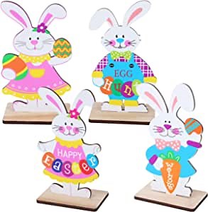 4-Piece Easter Table Centerpieces Decorations Signs - Easter Wood Bunny Tabletop Ornaments Centerpiece for Dining Room Kitchen Coffee Table Decor, Wooden Bunny Centerpiece Table Sign(Assembly Needed)