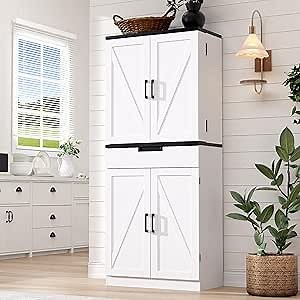 72" Tall Kitchen Pantry Cabinet, Farmhouse Storage Cabinets with X-Barn Doors, Drawer and Adjustable Shelves, Food Pantry Cabinet Wood Cupboard for Kitchen, Dining Room, Bathroom, White