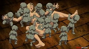 Poor anime chick got surrounded by a dozen of very horny goblins