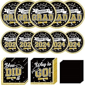 DAZONGE Graduation Decorations Class of 2024 Black and Gold, 200pcs Glitter Graduation Tableware Set Plates and Napkins for 2024 Graduation Party Decorations