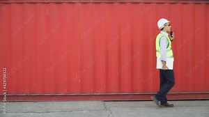 Foreman walking and holding laptop computer talking on walkie-talkie checklist inventory and control loading Containers box at warehouse logistic in Cargo freight ship for import export.