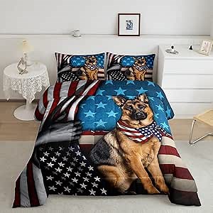 American Flag Comforter Set Full Size,German Shepherd Animal Bedding Comforters for Girls Teens Present,Stars Stripes USA Flag Breathable Microfiber Quilt Set with 2 Pillowcases