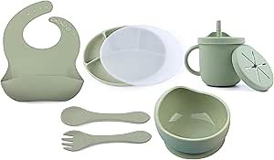Silicone Feeding Utensils Set 8Pcs For Baby- Led Weaning Essentials-Divided Suction Plate-Lid-Bowl-Fork-Spoon-Adjustable Bib-2in1 Drinking + Snack Cup, Gift for Infant and Toddler (Oliver Green)