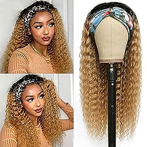 Ombre Headband Human Hair Wig Glueless Honey Blonde No Lace Front Wigs with Pre-attached Hair Band for Black Women Curly Full Machine Made Half Wigs 12"