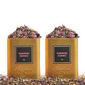 CHAYAM Kashmiri Kahwa Tea, 50+ Cups/3.52oz | Loose Leaf Green Tea with Natural Cardamom, Saffron, Cinnamon, Cloves, Almond & Rose Petals | Rose Saffron Herbal Tea | Spiced Detox Chai - Gift Tin
