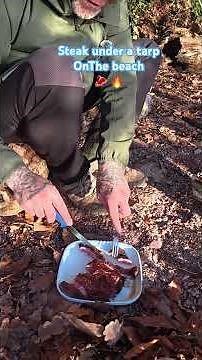 COOKING STEAK UNDER A TARP ON THE BEACH 🔥🥩 #dinkyoutdoors #nature #adventure #stickstove #beach