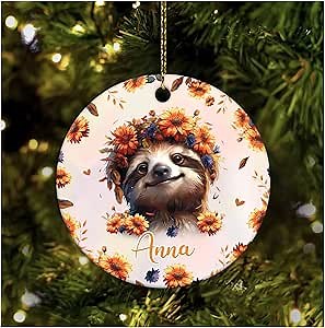 Hyturtle Personalized Cute Sloth Ornament - Floral Sloth Gift Women Lovers - Wild Animal Gifts for Her Girl - Cute Animal Ornaments for Christmas Tree Decor - Custom Name Ceramic Ornament Decoration