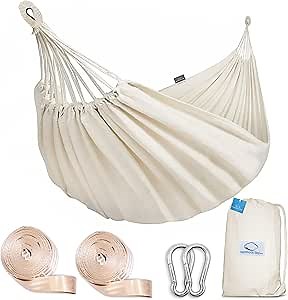 Hammock Sky Brazilian Double Hammock Two Person Bed with 2 Tree Straps for Backyard, Porch, Outdoor and Indoor Use - Soft Woven Cotton Fabric (Natural)