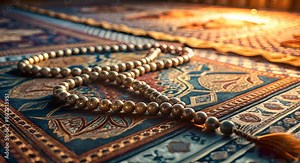 Closeup of Muslim prayer beads on prayer mat, Islamic Islam faith hajj ramadan Eid Fitr Adha