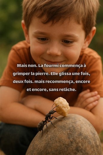 Un petit garçon observe une fourmi lutter pour porter un morceau de nourriture plus gros qu’elle. Malgré les chutes et les obstacles, la fourmi ne renonce jamais. Ce simple moment devient pour l’enfant une grande leçon de vie. Avec l'encouragement de son père, il comprend que le véritable secret du succès, c’est l’insistance, la patience et la force de continuer malgré les échecs. Une histoire inspirante qui nous rappelle que même les plus petites créatures peuvent enseigner les plus grandes leç