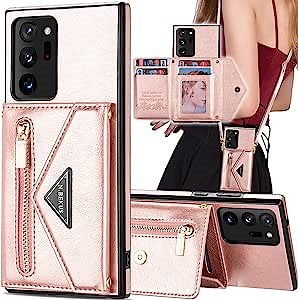 Galaxy Note 20 Ultra Case Wallet,Auker Samsung Note 20 Ultra Case with Card Holder,Sleek Leather Flip Kickstand Magnetic Crossbody Purse with Shoulder Strap Zipper Pocket Folding Wallet Case RoseGold