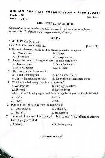 HISSAN 2080 COMPUTER SCIENCE QUESTION PAPER #exam #study