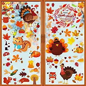 248 PCS Thanksgiving Window Clings, Fall Window Clings for Thanksgiving Fall Window Decorations Maple Leaves Turkey Window Decals Stickers for Glass Home School Office Thanksgiving Party Decor