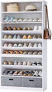 IRONCK Shoe Storage Cabinet with 2 Fabric Drawers, 10-Tier Shoe Organizer for Closet Entryway, Wooden Shoe Rack Holds 36 to 52 Pairs, Adjustable Shelves & Hook, Entryway Furniture Shoe Cabinet