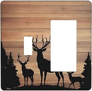 Decorative Outlet Covers Rustic Brown Wood Deer Elk Pine Tree Nature 2-Gang 1-Gang Wall Plate Cover Single Toggle/Rocker Combination Light Switch Cover Plate Jumbo Switch Cover Plate