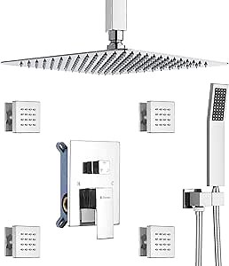 Polished Chrome Shower System with 4 PCS Shower Body Spray Jets & 12’’ Ceiling Shower Head & Handheld Spray, DASAN Full Body Shower Faucet System with Jets Rainfall Shower Combo Set, SA-SS03BCH-S12C