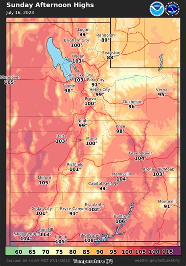 High temperatures today will be near to just below normal for this time of year, but the heat will ramp up to potentially dangerous levels this weekend into early next week as high pressure builds. Here's our temperature forecast through Monday. #utwx | US National Weather Service Salt Lake City Utah