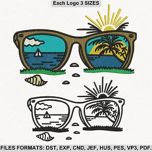 Summer Beach Sunglasses Embroidery Design, Vacation Palm Tree & Ocean Scene, 3 Sizes, Instant Download. - Etsy