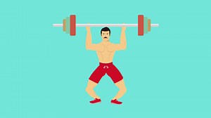 Download Muscular man doing exercise with barbell 4K animation. Bodybuilder lifting a heavy barbell with angry face footage. Flat character animation with a barbell, red boxer pants, and a mustache. for free
