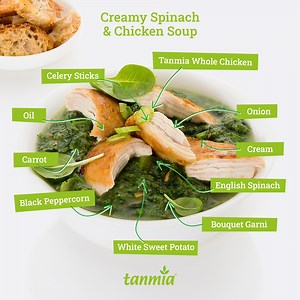 When the cold weather calls for something warm and nourishing, this hearty chicken and spinach soup is the perfect winter comfort food. 🥣❄️ Ingredients: 1 kg Tanmia Whole Chicken 1 tbsp oil 1 carrot, chopped 2 celery sticks, chopped 1 onion, chopped 6 black peppercorns 2 garlic cloves, chopped 1 bouquet garni 5 2/3 cups white sweet potato, chopped 2 bunches of English spinach ½ cup cream Instructions: Cut the whole chicken into pieces. Heat oil in a large pot. Add the chicken pieces in batches 