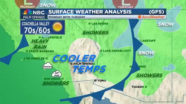An NBC Palm Springs Weather Heads-Up! As a Pacific closed-low moves East, SoCal will see precipitation from the Inland Empire to the coast this Monday. Although most of the Coachella Valley will stay rain-free, the very West side may see a few light showers early-Tuesday morning. @JerrySteffen @NBCPalmSprings | NBC Palm Springs