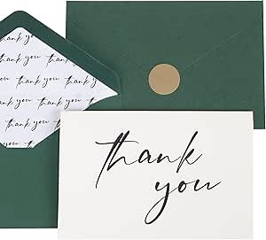 AZAZA Thank You Cards 30 with Green Envelopes Chic Liners, 2 Minimalistic Thank You Notes 4x6 Inch, Green Thank You Cards with Envelopes for Wedding, Baby Shower, Graduation