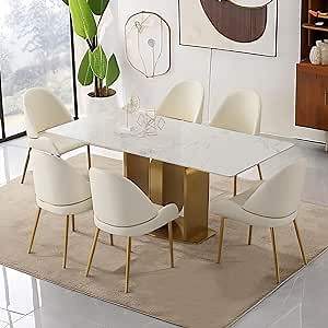 Leavader 7-Piece Dining Table Set - 71'' Faux Marble Table Top & Gold-Plate Stainless Steel Frame, 1 Dining Table with 6 Dining Chairs, Modern Rectangular Dining Set for Kitchen, Resterant (7PCS1225)