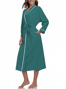 EA'S SECRET 100% Cotton Womens Long Robe Lightweight Kimono Bath Robe with Pockets(Green,L)
