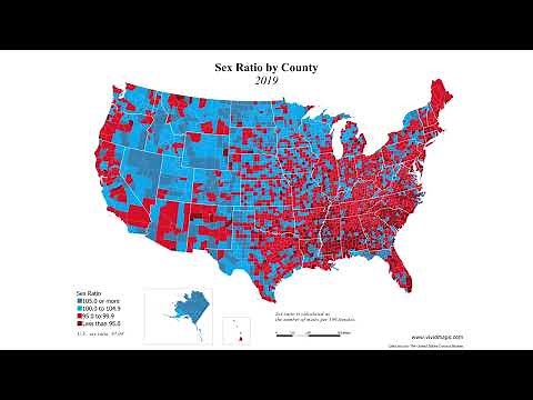 The sex ratio by U.S. county from 2000 to 2020