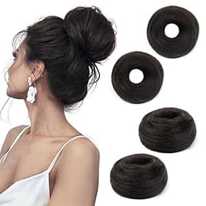 Human Hair Bun Extension Scrunchies Wavy Stretchy Natural Curly Updo 100% Real Human Hair #1B Donut Messy Bun with Elastic Band Hair Piece Ponytail Extensions (#1B Natural Black 2PCS)