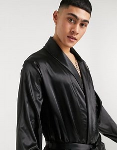 ASOS DESIGN robe and pajama bottoms in black satin | ASOS