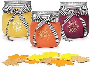Farmhouse Fall Home Decor, Fall Mason Jar Decor, Mini Mason Jar Tiered Tray Decor, Dining Table Centerpiece for Kitchen, Autumn Decor, Fall Thanksgiving Harvest Pumpkin Maple Leaf Decoration- 3PCS