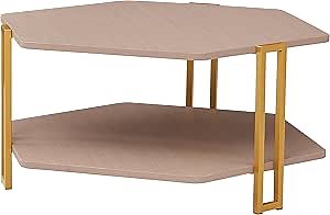 36 Inch Hexagonal Modern Coffee Table, Wood Top and Shelf, Gold Metal Legs