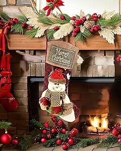 iStatue Large Christmas Stockings with Snowman Ornaments - 18'' Tall 3D Plush Fabric Personalized Xmas Sock Gift Bag for Kids Adult - Christmas Tree Decorations