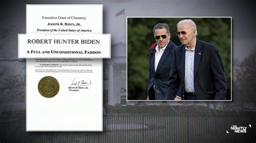 In a major reversal, Joe Biden issued a sweeping pardon of his son, Hunter, on Sunday night, for any offenses he may have committed dating back to 2014. The move has prompted backlash from Republicans and even some prominent Democrats. NBC News' Kelly O'Donnell has the details. | NBC Nightly News with Tom Llamas