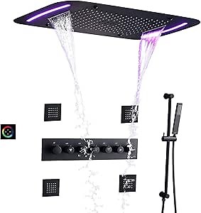 Matte Black Thermostatic Rain Shower System Set With Side Massage Body Spray Jets Luxury Spa 28X17 Inch Rainfall LED Ceiling Shower Head