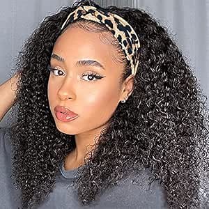 Eooma Glueless Wigs Human Hair Headband Wig Human Hair Half Wig for Black Women (18 inch) Briazilian Curly Scarf Wig No Gel Remy Hair None Lace Front Machine Made Wigs Human Hair