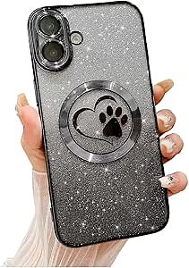 for iPhone 16 Plus Case Glitter Clear Paw Love Heart Compatible with MagSafe, Full Camera Lens Protection Soft Slim Thin Cute Gradient Bling Magnetic Phone Case - Blue