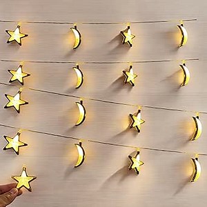 Ramadan Lights Indoor Decor String Lights Ideal for Ramadan Eid Decor Special Occasion Moon Star LED Lights USB Festive Party Safe Cool Lights Decor Party Festival Decorations 20PCS/Set (Gold-WW)