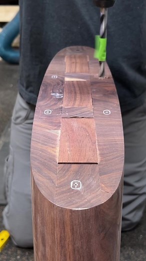 Installing threaded inserts so this desk leg can be attached to the mounting plate. #liveedge #walnut #threadedinsert #furnituremaker #desk #homeoffice #kjsawdust | KeithJohnson_CustomWoodworking