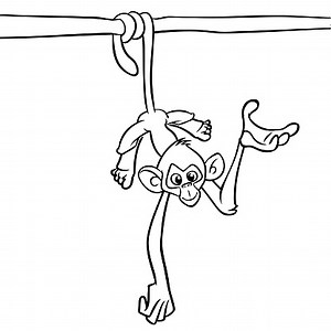 Cartoon funny monkey chimpanzee hanging upside down on a tree branch...