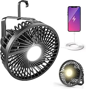 Odoland Camping Fan with LED Lantern, Rechargeable Battery Operated Fan with Hang Hook, Portable Camp Tent Fan, USB Table Fan with Light for Outages Hurricane Emergency