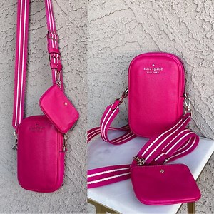 KATE SPADE Hot Pink Leather Rosie Crossbody Bag w/ Striped Strap & Mini Pouch