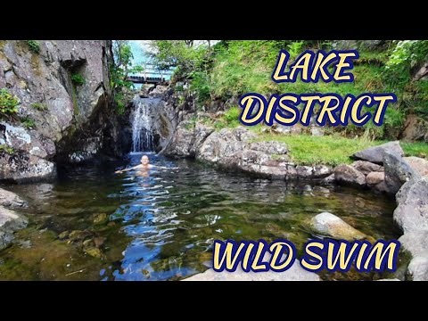 Lake District Wild Swimming. Waterfall plunge pool swim. Sunny day hiking, walking.